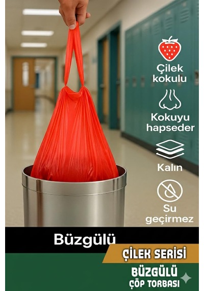 Coverest Büyük Boy Çilek Kokulu Büzgülü Çöp Torbası, 65x70 Cm, 60