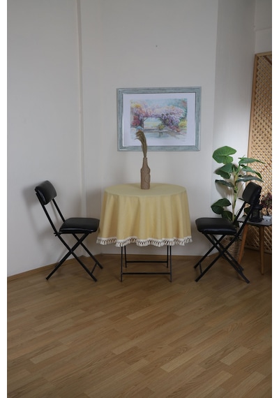 Dnc Home Tekstil  Sarı Keten Ham Ponponlu Yuvarlak Masa Örtüsü