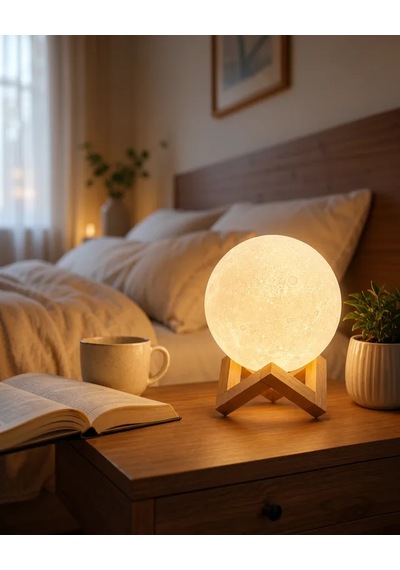 Astraltech 3d Ay Işığı Led Masa Lambası Ahşap Standlı Çok Renkli