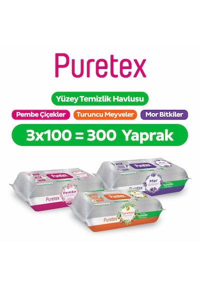 Puretex Yüzey Temizlik Havlusu Pembe Çiçekler+turuncu Meyveler+mor Bitkiler 3x100 300 Yaprak Beyaz