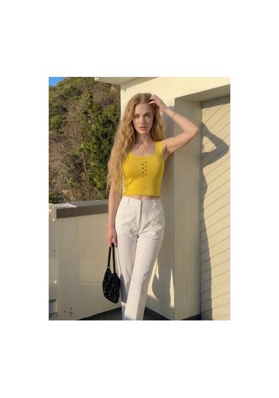 Onno Style Women Kolsuz Askılı Delikli Triko Kadın Bluz Hardal
