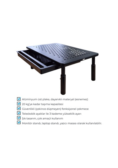 Upway Çekmeceli Metal Laptop & Monitör Standı - Yükseklik Ayarlı 20 Kg Kapasiteli