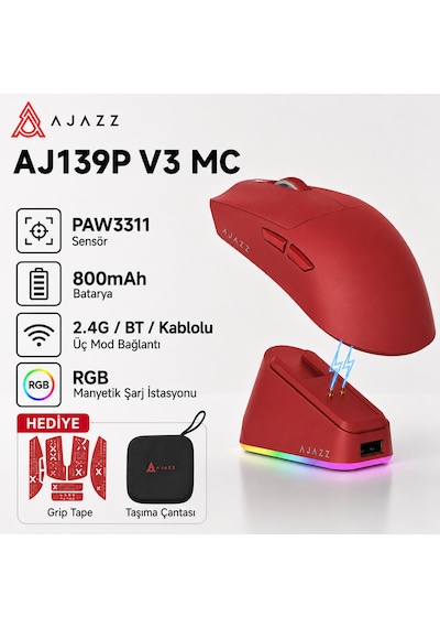Aj139p V3 Mc Kablosuz Oyuncu Mouse-800 Mah Batarya Rgb Şarj İstasyonu Çanta Ve Tape Diğer