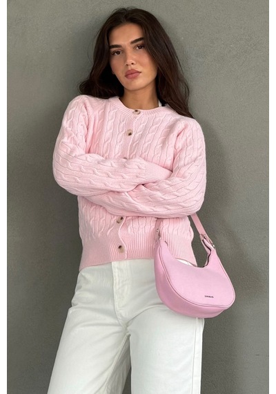 Madmext Pembe Bisiklet Yaka Örgü Desenli Kadın Hırka Mg2899