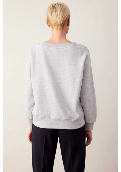 Benerly Kadın V Yaka Düşük Kol Oversize Örme Sweatshirt Fonksiyonel Dayan Kar Melanj