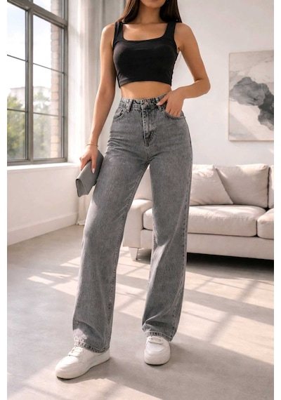 Woddi Hsn Kadın Füme Salaş Likralı Bel Salaş Jean Pantolon New Sezon-2