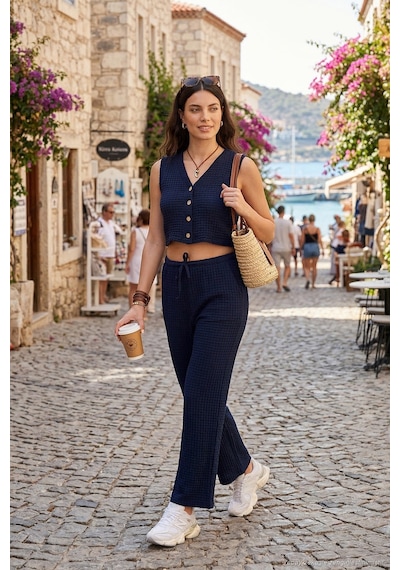 Lela Regular Fit V Yaka Yelek-pantolon Gofre Takım Bayan Takım 5866484 Lacivert