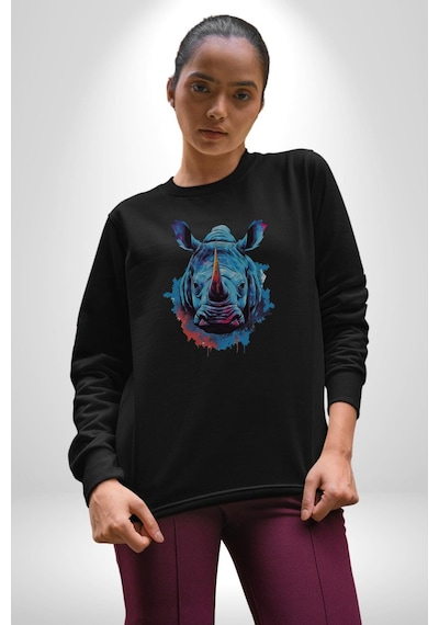 Su Aygırı Hipopotamo Renkli Kadın Erkek Siyah Baskılı Sweatshirt Siyah