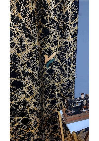 Siyah Gold Varak Rustik Perde Kuşgözü Halkalı Boru Halka Dekoring Perde 570 X 250