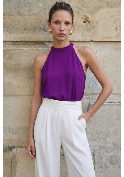 Sateen Halter Yaka Bluz - Mor-137732