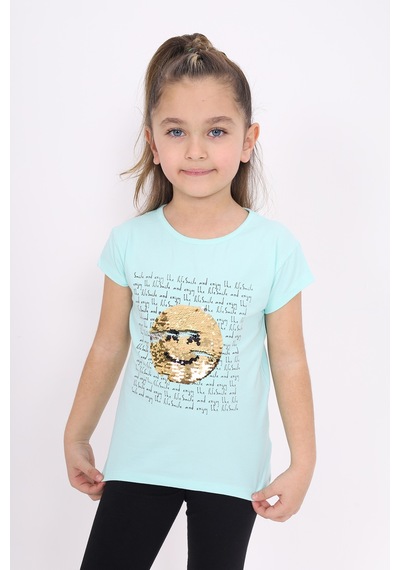 Toontoy Kids Toontoy Kız Çocuk Gülen Yüz Pullu Nakış Tişört Mint Yeşili