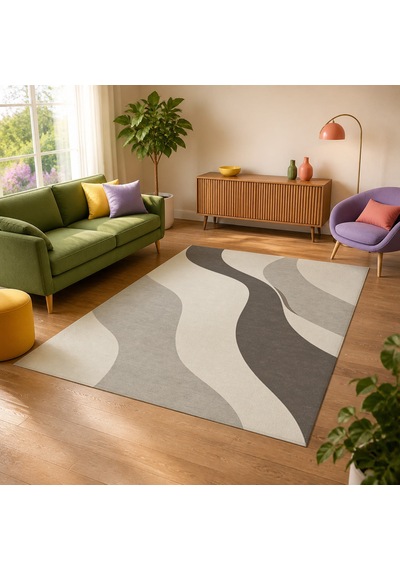 Kartela Halı Akış Dalgalı Modern Halı Açık Gri Kaymaz Taban Makinede Yıkanabilir 100x150 Cm