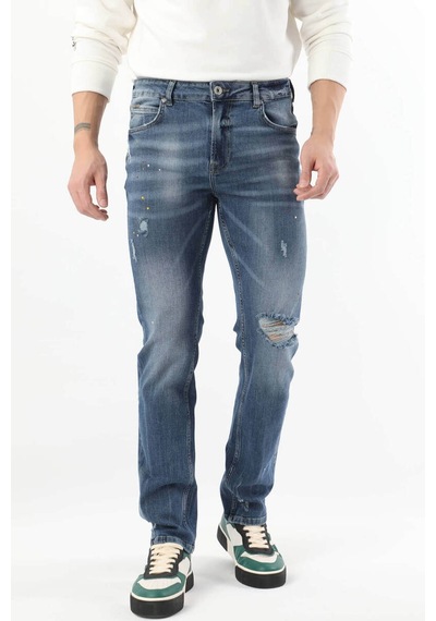 Erkek Dizi Yırtık Boyalı Jean Pantolon Mavi 001