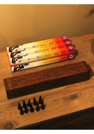 Ağaç Tabut Tütsülük & 10 Adet Palo Santo Konik Tütsü & 7 Çakra Çubuk 6lı Paket 250 Adet Tütsü