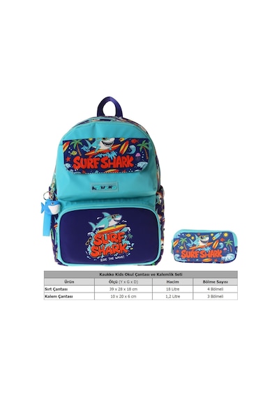 Kaukko Kids Surf Yeşil - Lacivert Erkek Çocuk İlkokul Sırt Çantası Ve Kalem Çantası Seti - Setkk-l5354c Çok Renkli
