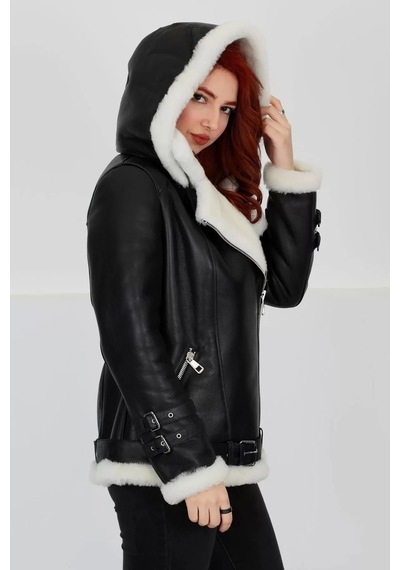 M M Marki Marki Siyah Kapüşonlu Hakiki Deri Kaban, Içi Beyaz Kürklü, Kemerli , Winter Elegance - 70 Cm - 103022