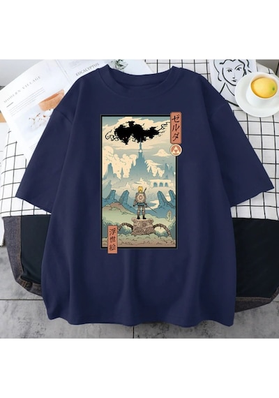 Flood Of Style Lacivert Erkek Animesavaççı Baskılı Oversize Bisiklet Yaka Tshirt