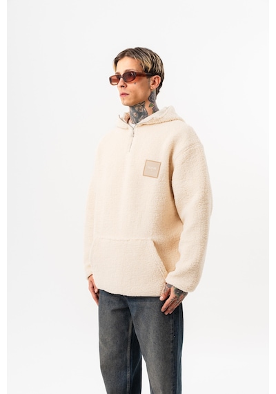 Respire Erkek Yarım Fermuarlı Kapüşonlu Oversize Peluş Hoodie Ekru