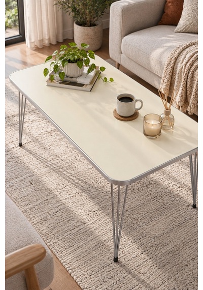 Sulorahome Gümüş Tel Ayaklı Krem Bej Orta Sehpa 90x50 Cm