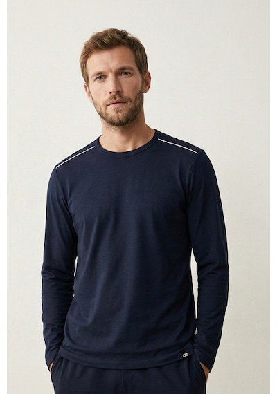 Elemge %100 Pamuk Süprem Uzun Kollu Pijama Üstü Erkek T-shirt Compact Penye Rahat Kalıp Tok Kumaş Lacivert