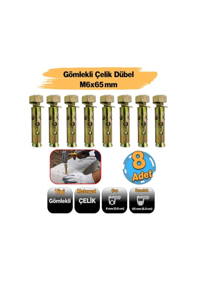 8 Adet Saplamalı Gömlek Çelik Dübel M6x65 Mm Raf Montaj Bağlantı Zemin Monte Betona Asma Aparat