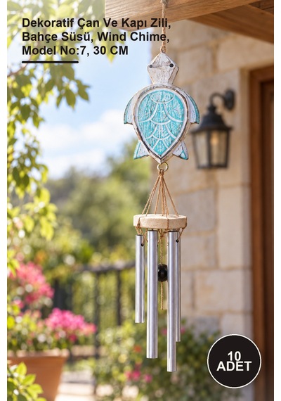 10 Adet Ahşap Üstlü Metal Çan Dekoratif Çan Ve Kapı Zili, Bahçe Süsü, Wind Chime, Model No:7, 30 Cm