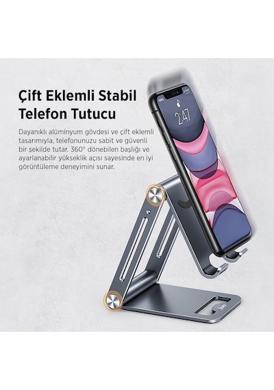 Juo Alüminyum Katlanabilir Metal Masaüstü Telefon Tutucu Standı Uzay Grisi
