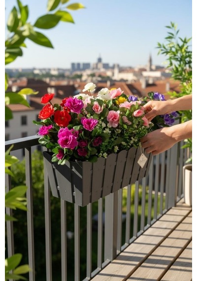 Yapay Çiçek Antrasit Balkon Saksıda Küpeşte Askılı Açelya Çiçeği Karışık Renkli Çiçek Sepeti 50cm Siyah