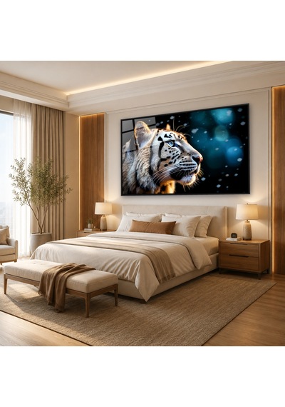 Bokeh Işıklı Beyaz Kaplan Profili Siyah Çerçeveli Cam Tablo