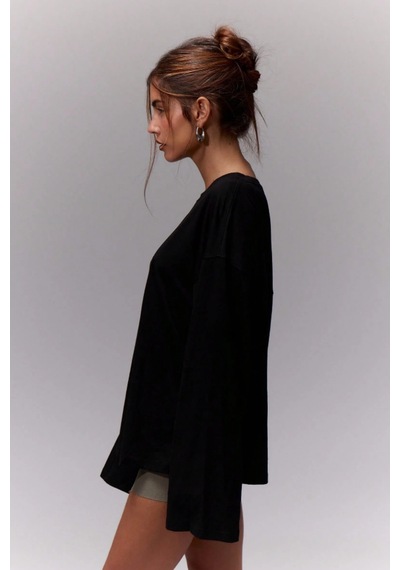 Kadın %100 Pamuk Bisiklet Yaka Oversize Fit Uzun Kollu Siyah T-shirt Siyah