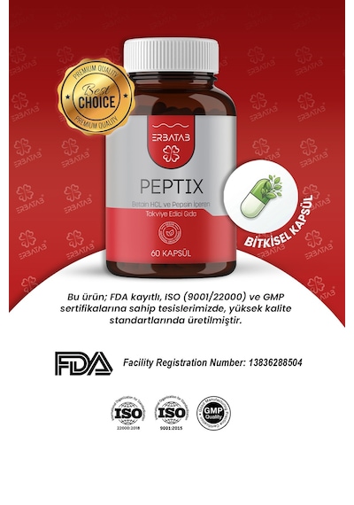 Erbatab Betain Hcl + Pepsin Takviye Edici Gıda 60 Kapsül
