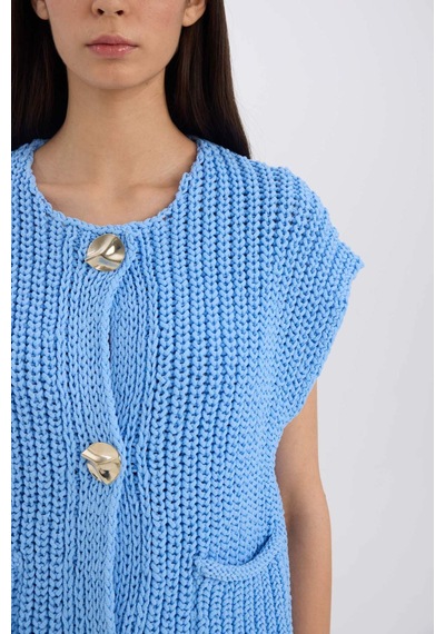 DeFacto Relax Fit Düğmeli Cepli Triko Yelek E1960AX24WNBE3 Mavi