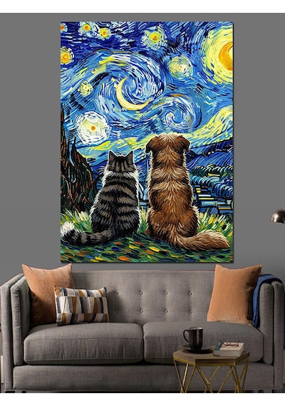 Van Gogh Yıldızlı Gece Soyut Kedi Ve Köpek Dekoratif Kanvas - Mdf Ahşap Tablo