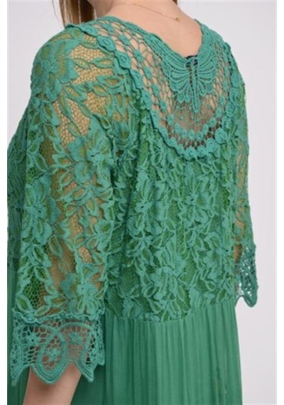 Eren Style İtalyan Sunshine İpek Detaylı Dantelli Elbise-9033 Yeşil