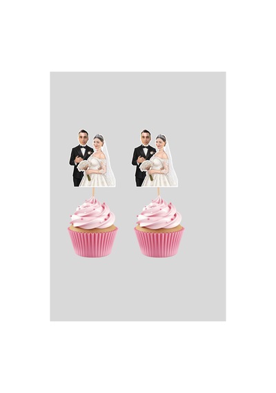 12 Li Kişiye Özel Tasarım Fotoğraflı Gelin Damat Cupcake Kürdan Süsü