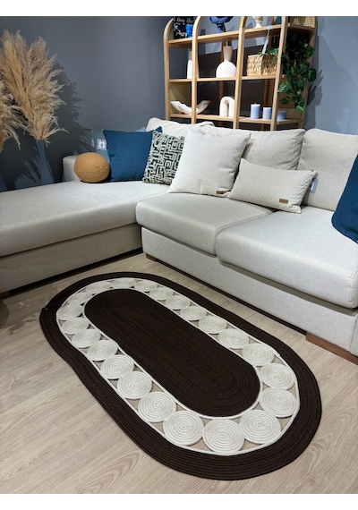 Mavaux Cookie Jüt Hasırlı El Örgüsü Kilim Kahverengi - Krem