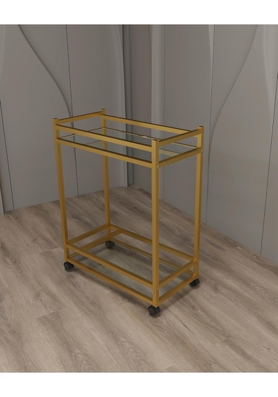Çok Amaçlı Tekerlekli Sunum Servis Arabası Yan Sehpa Cam Raflı Gold Metal İskeletli Servant Genel
