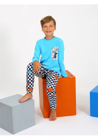 Vitmo Erkek Çocuk Uzun Kollu Pamuklu Pijama Takımı Peace Turkuaz