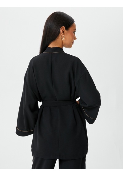 Koton Kimono Kuşaklı Işıltılı Şerit Detaylı Siyah 4wak50160uw Siyah