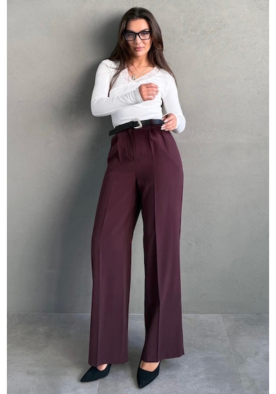 Madmext Mürdüm Yüksek Bel Pileli Kemerli Geniş Paça Kadın Pantolon Mg2615 Mürdüm