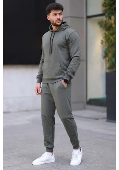 Oada Erkek İki İplik Kapüşonlu Kanguru Cepli Sweatshirt Jogger Pantolon Alt Üst Eşofman Takımı - Haki
