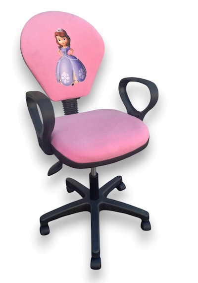 Prenses Baskılı Pembe Renk Çocuk Çalışma Sandalyesi Kız Çocuk Odası Ofis Koltuğu Döner Sandalye Pembe
