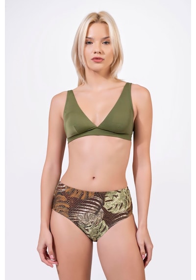 Endeep Kadın Desenli Özel Lurex Kumaş Yüksek Bel Toparlayıcı Bikini Takımı Yeşil