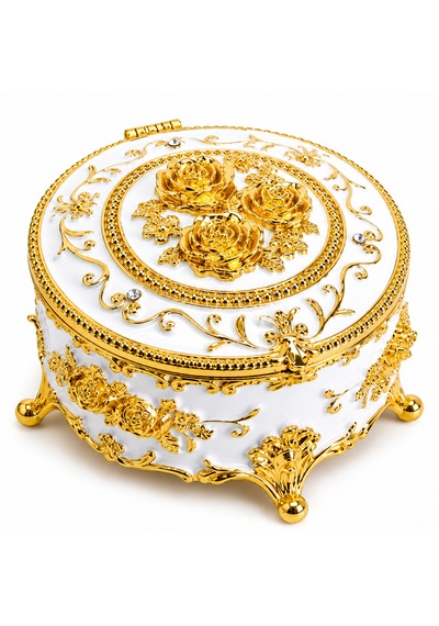 Yuvarlak Renkli Gold İşlemeli Mücevher Kutusu Beyaz