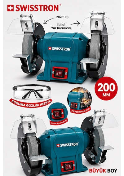 Swisstron SWS200BN Swiss Professional Endüstriyel Çift Taşlı Taşlama ve Bileme İstasyonu 200 MM