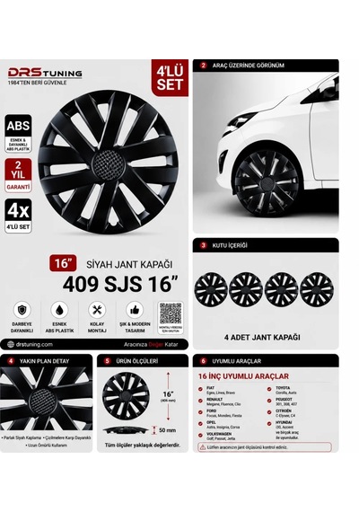 Alfa Romeo Uyumlu 16 Inc Kırılmaz Parlak Siyah Jant Kapağı 1 Takım 4 Adet No:409