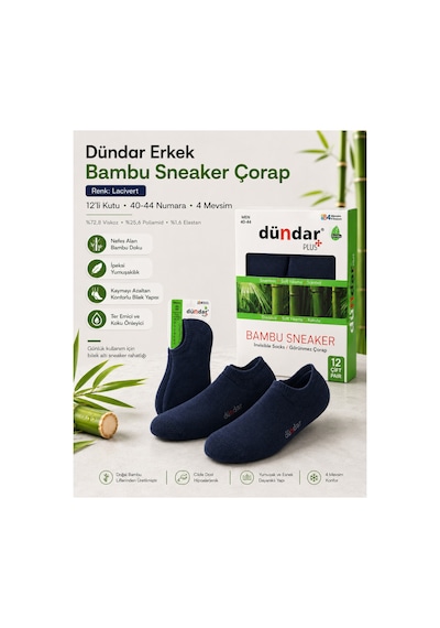 Dündar Çorap 12 Li Erkek Bambu Sneaker 4 Mevsim Nefes Alan Yumuşak Spor Ayakkabı Çorabı Lacivert