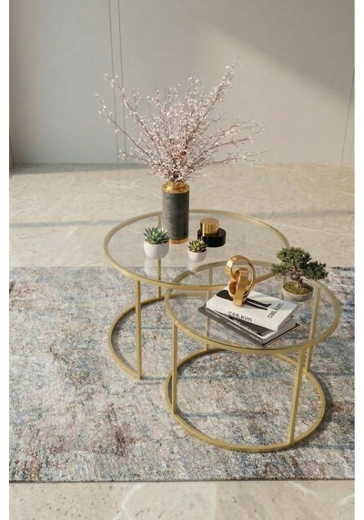 Milas Orta Ve Zigon Sehpa Seti Ø60-47 Mat Gold Metal, Temperli Şeffaf Cam Eskitme Bronz Milas Orta Ve Zigon Sehpa Seti Ø60-47 Mat Gold Metal, Temperli Şeffaf Cam Eskitme Bronz