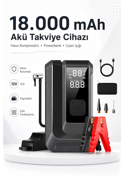 Laiser 18.000 Mah Akım Korumalı Akü Takviye Cihazı, Lastik Şişirme Pompası, Powerbank Özellikli Led Işıklı Kompresör
