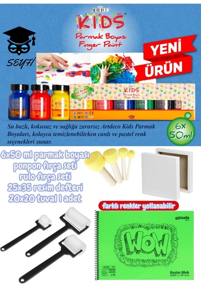 6x50 Ml Parmak Boyası Ponpon Fırça Seti Rulo Fırça Seti 25x35 Resim Defteri 20x20 Tuval 1 Adet Çok Renkli